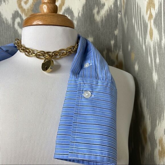 Ralph Lauren Triple Ruffle Blue Pin Stripe Cotton Stretch Jabot Blouse - Picture 8 of 16